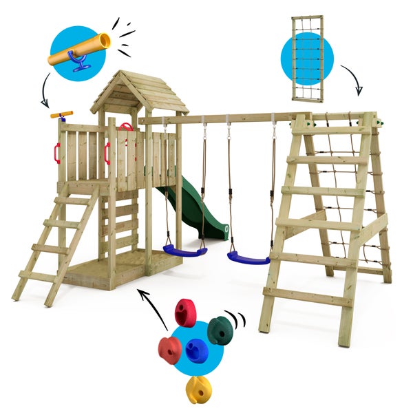 WICKEY Spielturm Klettergerüst RocketFlyer mit Schaukel und Rutsche, Kletterturm mit Sandkasten, Kletteranbau und Spiel-Zubehör - grün