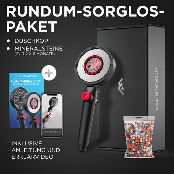 Rundum-Sorglos-Paket mit Lobenswerk Duschkopf, Mineralsteinen für 12 Monate, Bedienungsanleitung und Erklärvideo.