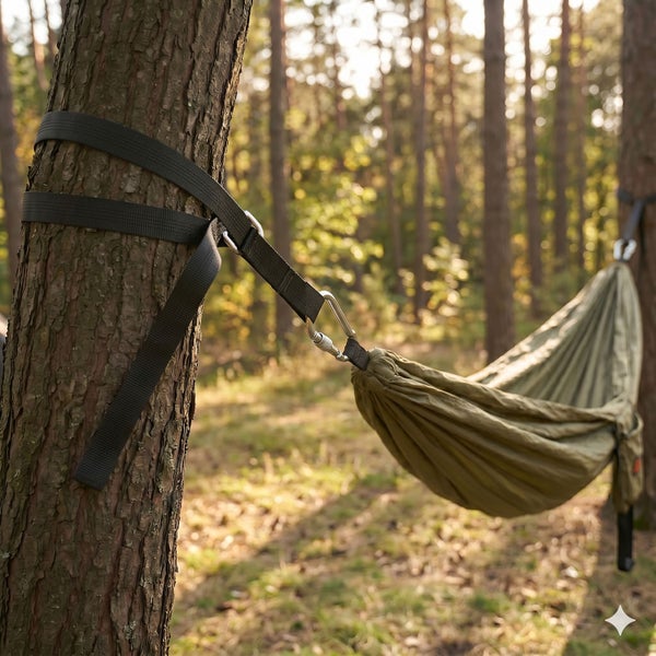 Hängematte mit Baumgurten und Metallkarabiner an einem Baumstamm in einem hellen Wald befestigt.