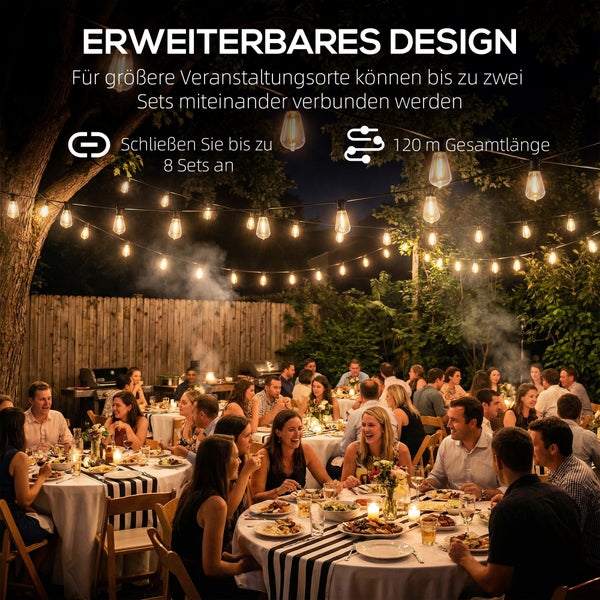 Gartenparty bei Nacht mit Gästen an Tischen, beleuchtet durch erweiterbare LED Lichterkette. Bis zu 8 Sets koppelbar für 120 Meter Gesamtlänge.