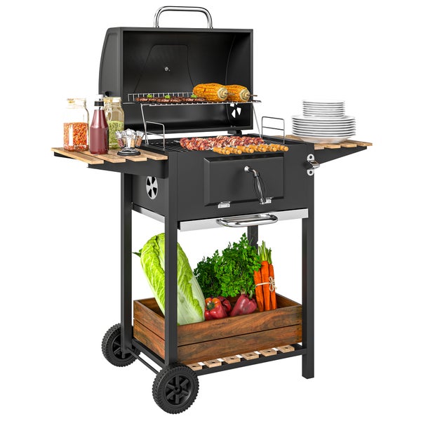 Outsunny Holzkohlegrill aus Edelstahl fahrbar Grillwagen mit Deckel Thermometer Grillrost Räder Griff verstellbar Kohlewanne, Kohlegrillwagen mit Holzablage BBQ Smoker für Camping Garten 112x58x107cm