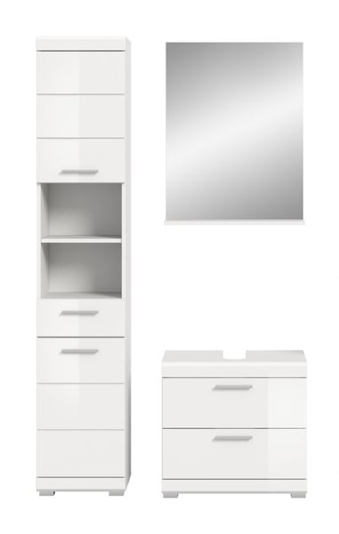 Dreiteiliges Badmöbel-Set in Weiß bestehend aus einem Hochschrank mit Regalfächern, einem Waschbeckenunterschrank und einem Spiegel.