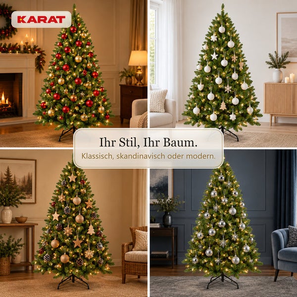 Karat Logo, vier weihnachtlich geschmückte künstliche Weihnachtsbäume mit unterschiedlicher Dekoration in Wohnzimmern.