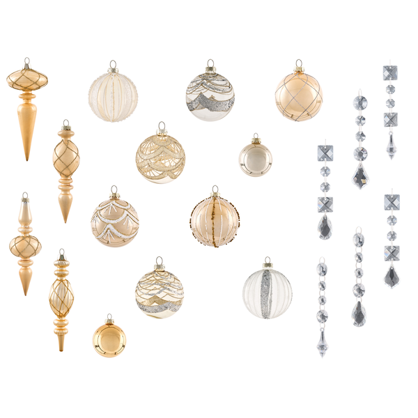Set aus Christbaumschmuck aus Glas mit goldfarbenen und transparenten Kugeln, Formanhängern und dekorativen Ketten mit Glitzer.