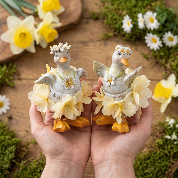 Zwei österliche Entenfiguren aus Polyresin mit Blumenkränzen und Blütenröcken, gehalten in Händen vor einem hölzernen Hintergrund mit Frühlingsblumen.