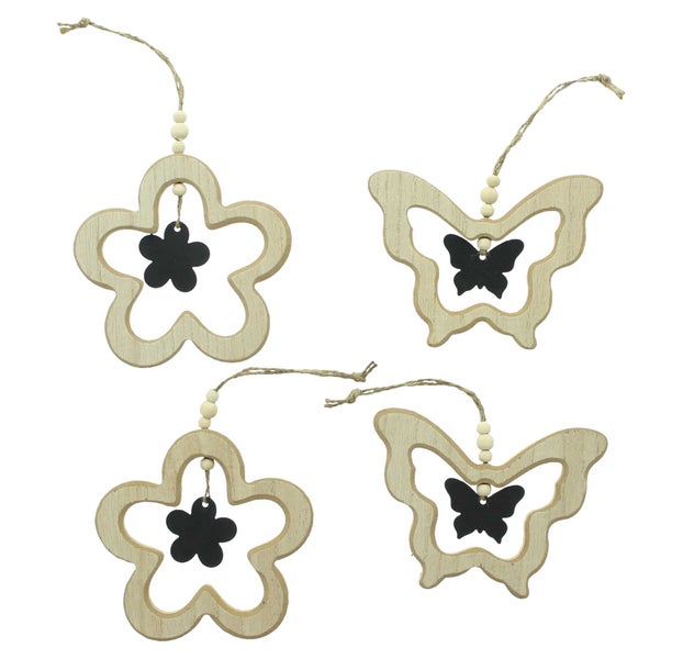 FRANK FLECHTWAREN | Hänger Schmetterling & Blume, 4er Set, MDF, METALL, JUTE, 12 x 1 x 12 cm, 13 x 1 x 10 cm