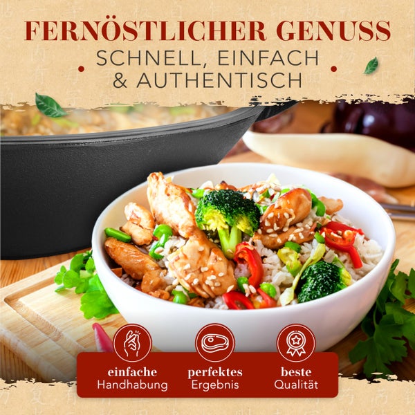 KRUSTENZAUBER 36cm Gusseisen Wok Induktion - Wokpfanne mit Wokwender - Ideal für Gasgrill, Herd, Ofen, als Paella Pfanne Gusseisen, Gusseisenpfanne Induktionsgeeignet für Stir Fry oder Sac Tava