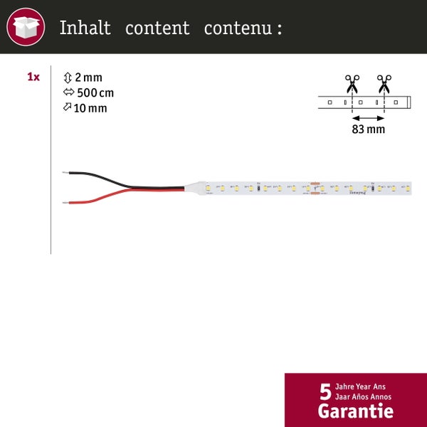 LED-Streifen: 2 Millimeter hoch, 500 Zentimeter lang, 10 Millimeter breit, alle 83 Millimeter kürzbar. 5 Jahre Garantie.