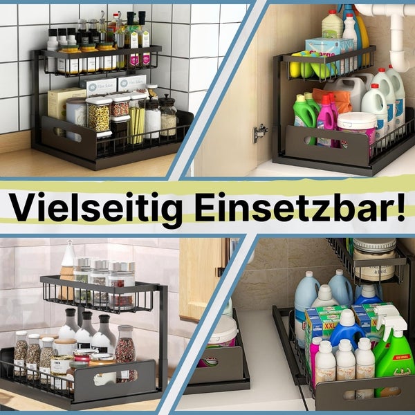 Spülschrank Organizer schmal ausziehbar Küche Metall 2 Etagen unter Waschbecken Regal Küchen Organizer Gewürzregale Organizer für Badezimmer schwarz