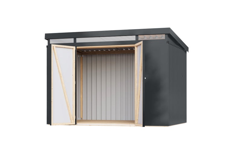 Gerätehaus aus Metall mit Pultdach, geöffneten Doppeltüren, Lichtband und Holzrahmen.