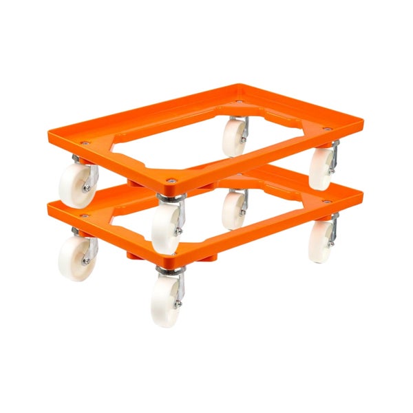 PROREGAL SparSet 2x Transportroller für Euroboxen 60 x 40 cm mit Kunststoffräder Orange Offenes Deck 2 Lenkrollen und 2 Bockrollen Traglast 300 kg