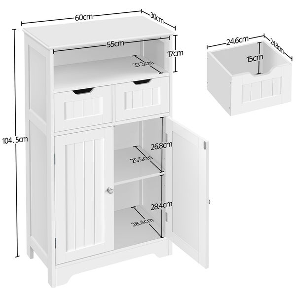 Weißer Badezimmerschrank mit offenem Fach, zwei Schubladen und Schranktüren sowie Maßangaben in Zentimetern.