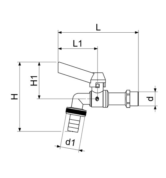 Technische Zeichnung eines Wasserhahns mit Hebelgriff und Bemaßungen.