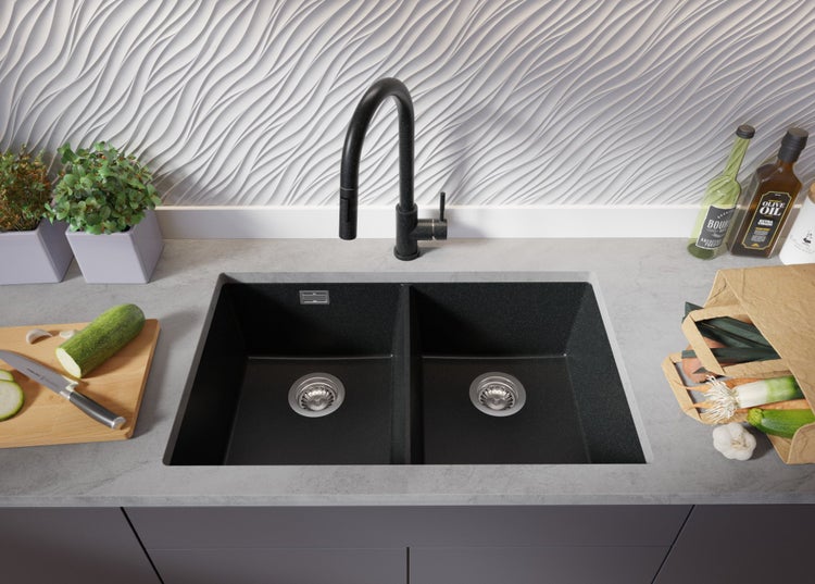 PRIMAGRAN Unterbauspüle Granit Anthrazit 76x47cm, Spülbecken 2 Becken + Küchenarmatur 32x20cm + Ablauf-Set, Granitspüle ab 80er Unterschrank - London Twin