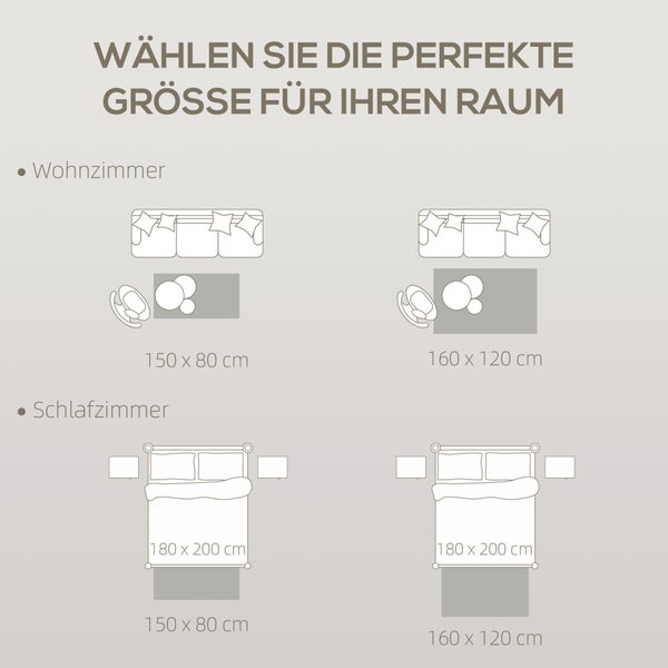 Infografik zur Teppichwahl im Wohn- und Schlafzimmer mit Beispielen für die Maße 150 mal 80 Zentimeter und 160 mal 120 Zentimeter.