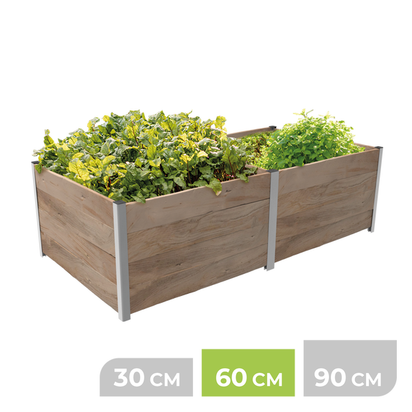 Hochbeet aus Holz mit Metallpfosten, bepflanzt mit grünen Kräutern, mit einer Höhenangabe von 60 Zentimeter.