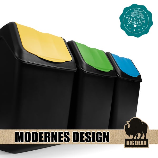 Drei schwarze Mülleimer mit farbigen Deckeln für Mülltrennung