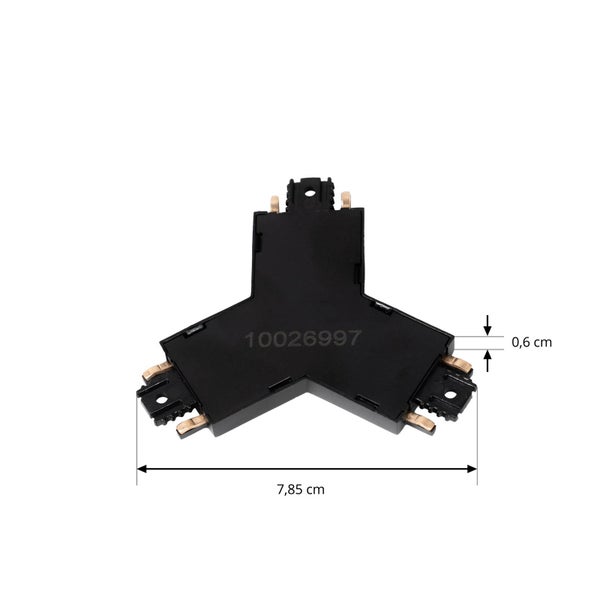 Y-Verbinder für Schienensystem aus schwarzem Kunststoff mit Metallkontakten, Breite 7,85 Zentimeter, Höhe 0,6 Zentimeter.