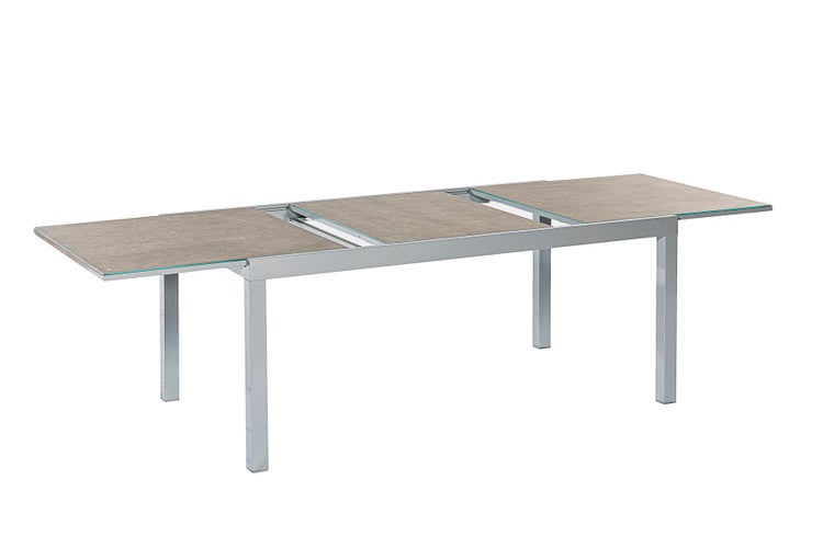 Semi Ausziehtisch, 180 (250) x 100 cm, Tischplatte in Steinoptik, Silber, Aluminium