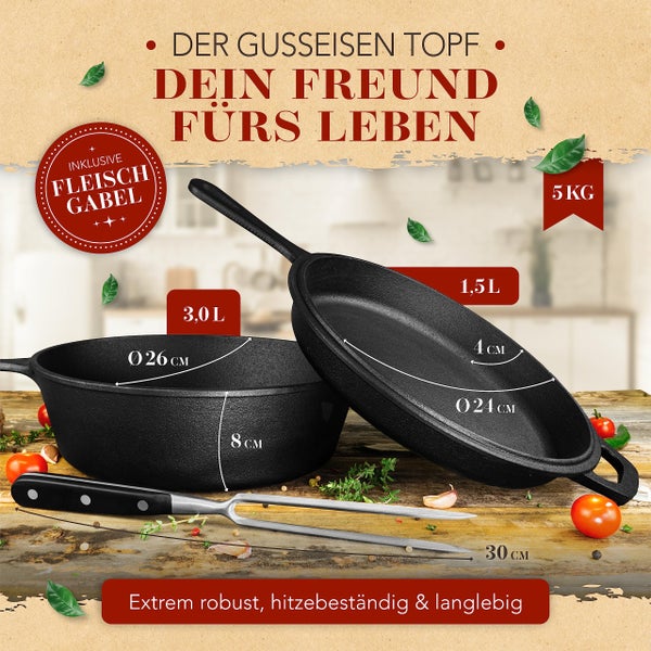 KRUSTENZAUBER Gusseisen Topf [inkl. Fleischgabel] - Robuster 26cm Gusseisen Bräter mit Deckel Backofengeeignet - Ideal als Schmortopf Induktion, Dutch Oven Set, Kazan, Cast Iron Pot, Kochtopf