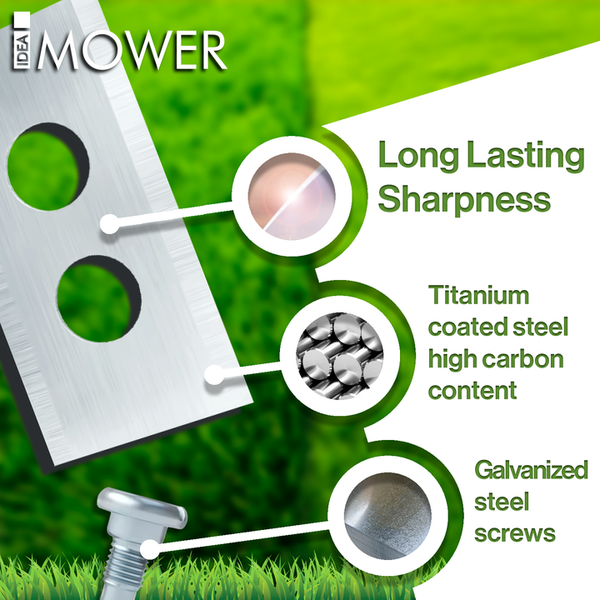 Detailansicht eines Rasenmähermessers mit langer anhaltender Schärfe, einer Titanbeschichtung auf Stahl mit hohem Kohlenstoffgehalt und verzinkten Stahlschrauben