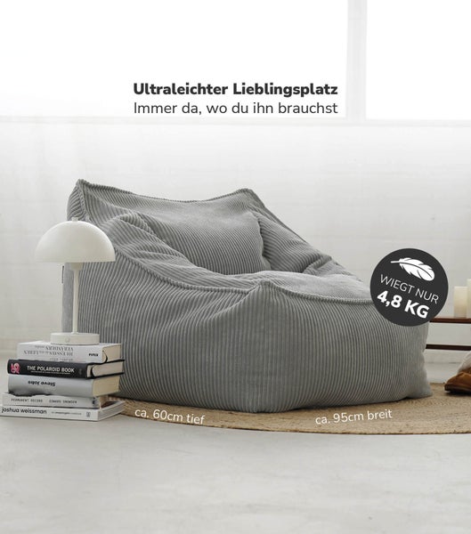 mokebo Sitzsack Sessel aus Cord 'Der Lümmel', XXL Sitzsack, Cord Sessel oder Sitz Sessel in Grau