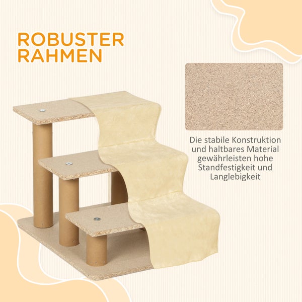 PawHut Hundetreppe 3 Stufen 35 cm Hoch Haustiertreppe für kleine Hunde oder Katzen, Katzentreppe Hunderampe mit Waschbar Plüschbezug für Bett, Sofa, Couch, Beige