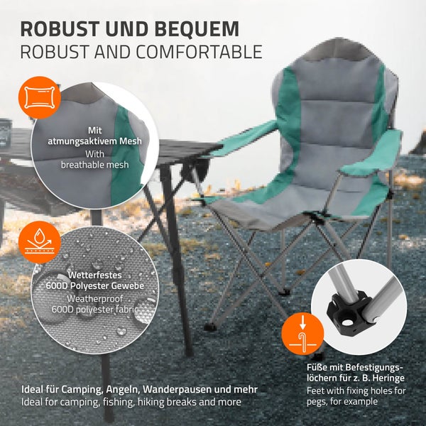 ECD Germany 2er Set Campingstuhl faltbar, Grau-Türkis, Angelstuhl mit Getränkehalter & Tragetasche, Gartenstuhl klappbar, Übergroßer Klappstuhl mit Hochlehner, Gepolster Faltstuhl, Anglerstuhl tragbar