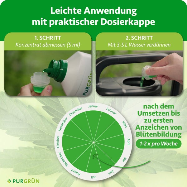 Anleitung für Purgrün Flüssigdünger: 5 Milliliter Konzentrat abmessen, mit 3 bis 5 Liter Wasser verdünnen, Anwendung 1 bis 2 mal pro Woche.