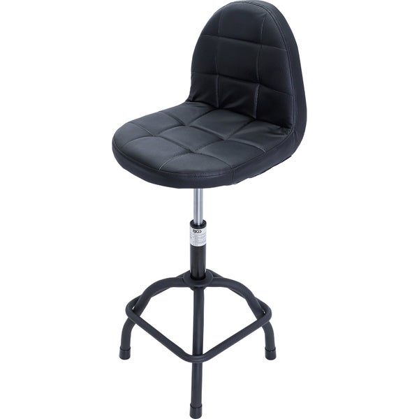 Werkstatt-Hocker mit Rückenlehne, gepolstertem Sitz, Fußstütze, BGS Technic Logo, höhenverstellbar.