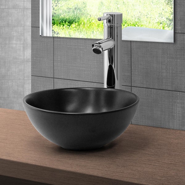 ML-Design Waschbecken aus Keramik in Schwarz matt Ø 280 x 150 mm mit Ablaufgarnitur, Runde Aufsatzwaschbecken, Moderne Waschtisch, Waschschale Waschplatz Handwaschbecken, für Badezimmer / Gäste-WC