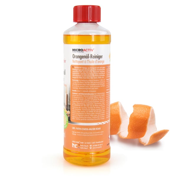Orangenölreiniger von Microactiv in durchsichtiger Flasche mit rotem Verschluss