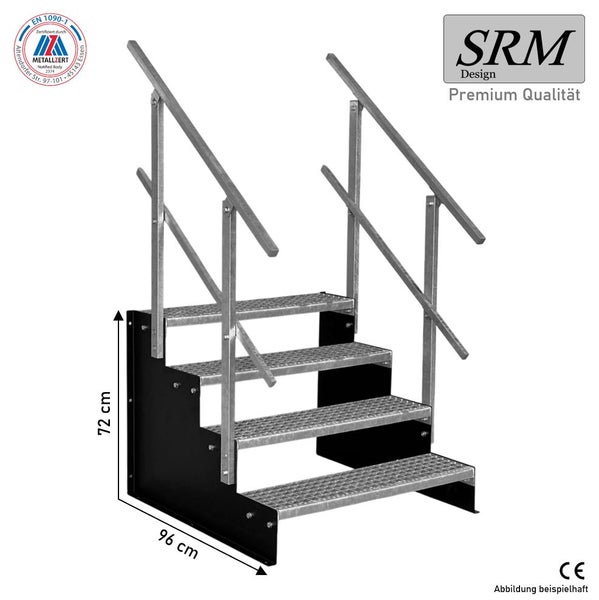 Industrietreppe aus Metall, 4 Stufen, beidseitiges Geländer, Höhe 72 Zentimeter, Tiefe 96 Zentimeter, SRM Design Logo, CE-Zeichen.