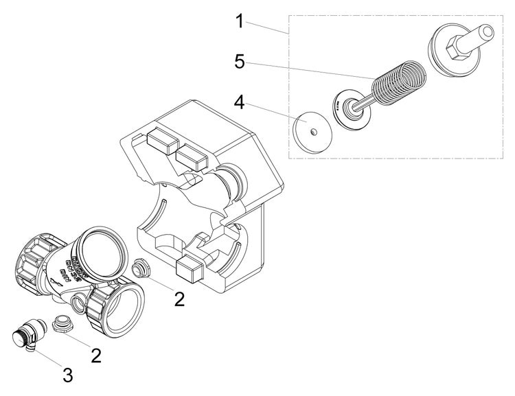 Explosionszeichnung einer Armatur mit nummerierten Einzelteilen wie Feder, Dichtungen und Gehäuse.