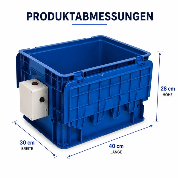 Produktabmessungen der blauen Kunststoffbox: 40 Zentimeter Länge, 30 Zentimeter Breite und 28 Zentimeter Höhe.