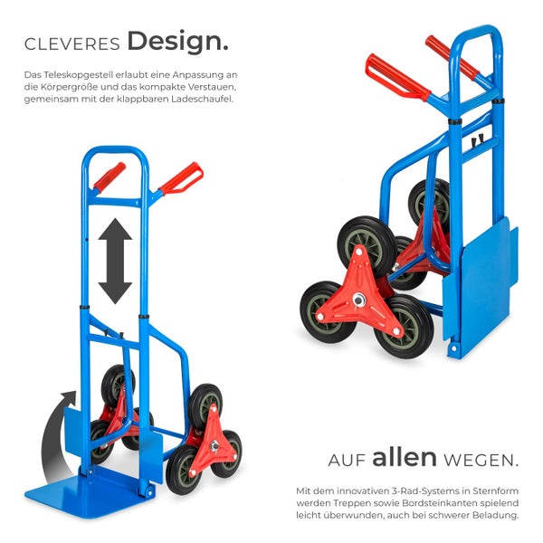 Treppensteiger-Sackkarre mit teleskopierbarem Griff, klappbarer Ladeschaufel und Drei-Rad-Sternsystem für Treppen und Bordsteine.