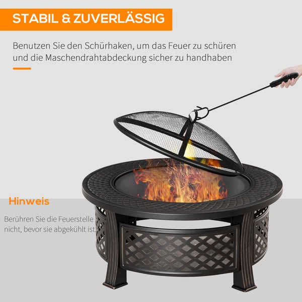 Outsunny Feuerschale mit Schürhaken, rund, für Garten, Camping BBQ,  81 x 81 x 50 cm, Stahl, Schwarz