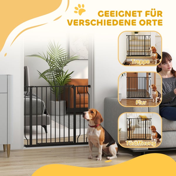 Hundeschutzgitter aus Metall für verschiedene Einsatzorte wie Treppen, Flure oder Türöffnungen.
