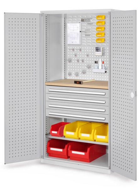 Werkzeugschrank mit Schubladen, Werkbankplatte und Lochwand