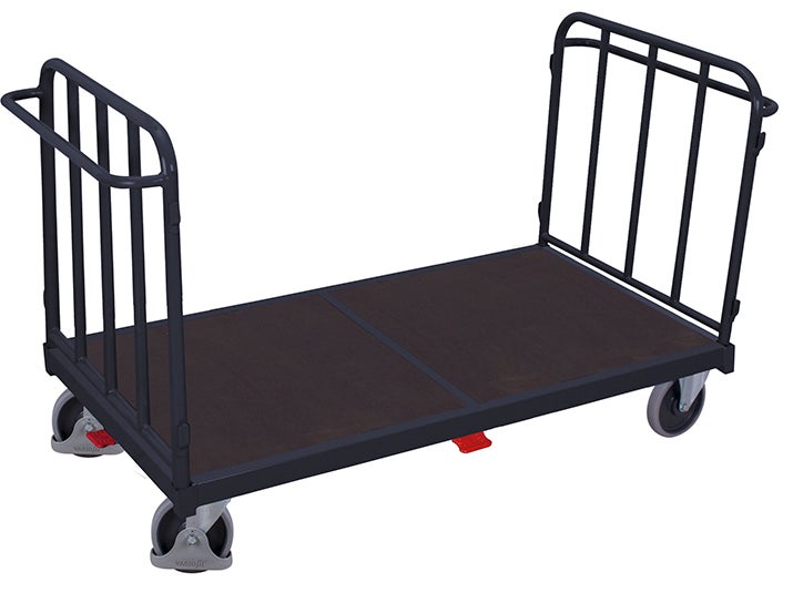 Plattformwagen mit zwei Schiebebügeln, vier Rollen, Holzplattform und Metallrahmen.