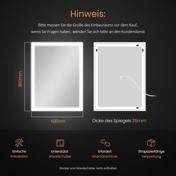 LED Spiegel mit den Maßen 800 x 600 Millimeter, sowie Informationen zu Installation und Stromanschluss