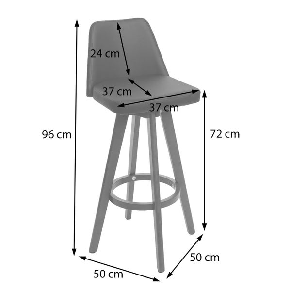 Abbildung eines Barstuhls mit den Maßen 96 cm Höhe, 37 cm Breite und 50 cm Tiefe.