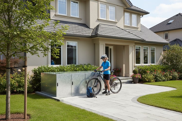Fahrradbox vor einem Wohnhaus mit Fahrrad und Person