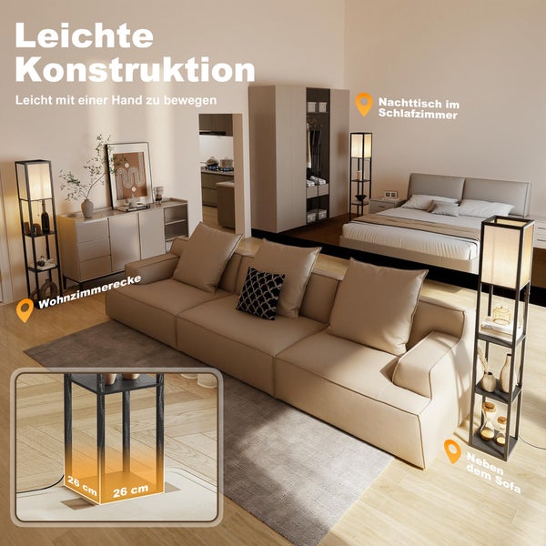 Stehleuchte mit integrierten Regalen in modernem Wohn- und Schlafzimmer, Maße der Basis 26 mal 26 Zentimeter.
