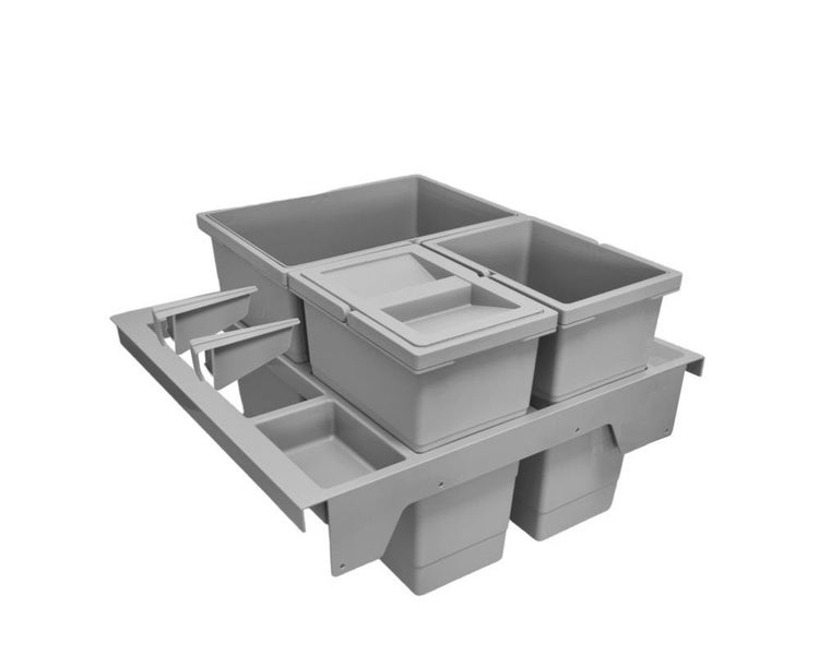 Mülltrennsystem aus grauem Kunststoff für Küchenschubladen mit mehreren Behältern und einem Deckel.