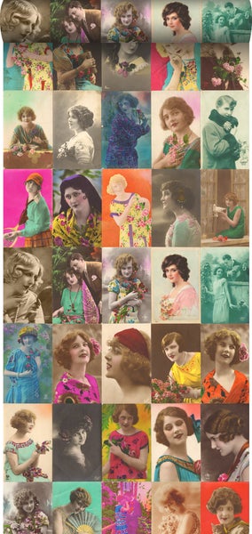 ESTAhome XXL-Vliestapete vintage alte Postkarten mit Damengesichtern Mehrfarbig - 50 x 900 cm - 158102