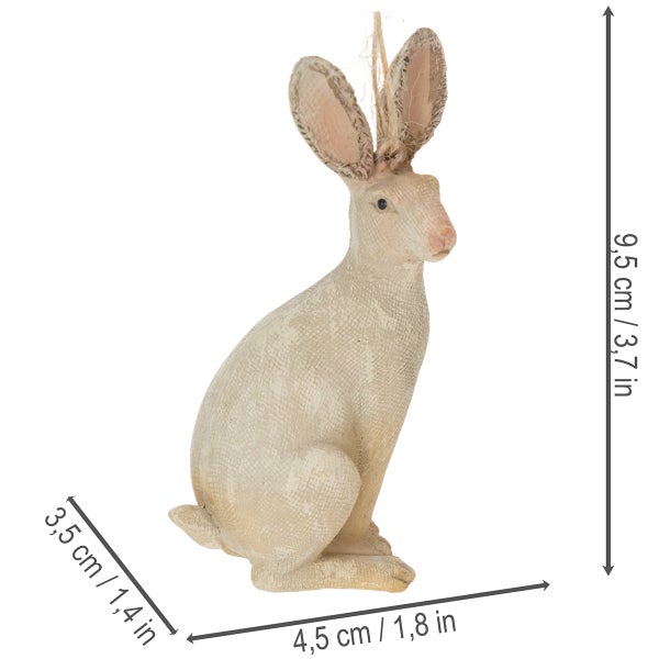 Sitzender Osterhase zum Aufhängen, Maße 9,5 Zentimeter Höhe, 4,5 Zentimeter Breite und 3,5 Zentimeter Tiefe.