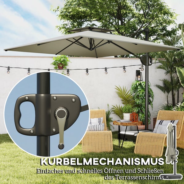 Ampelschirm auf einer Terrasse mit Fokus auf dem Kurbelmechanismus zum einfachen Öffnen und Schließen.