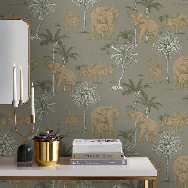 Dekorative Tapete mit Elefanten, Zebras und Palmen im Wohnzimmer