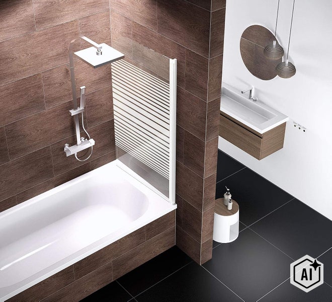 Modernes Badezimmer mit Badewanne, Duschwand aus Glas mit Streifendekor, Aufputzarmatur und wandhängendem Waschtisch mit Unterschrank.